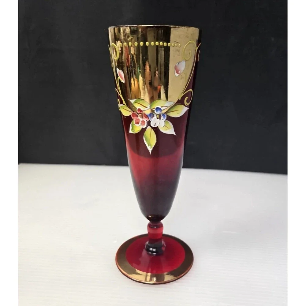 Venetian Ruby Red Wine Glass Vase Gold Gilt Enamel Floral Design Pedestal 7.25" - Picture 2 of 12